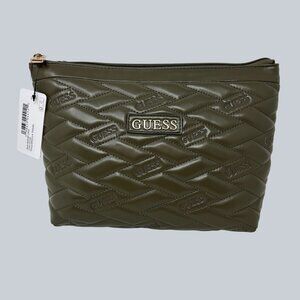 Guess Olive Quilted Cosmetic Pouch With Zipper Closure Travel Bag